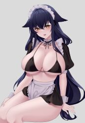 Rule 34 | 1girl, absurdres, alternate costume, animal ears, apron, arm support, azuma (azur lane), azur lane, black skirt, blue hair, breasts, choker, cleavage, crossed bangs, dot nose, enmaided, frilled apron, frilled choker, frills, hair between eyes, highres, huge breasts, light blush, long hair, looking at viewer, maid, maid headdress, miniskirt, nanako94418108, open mouth, puffy short sleeves, puffy sleeves, short sleeves, simple background, sitting, skirt, solo, string bra, teeth, thighs, upper teeth only, white apron, white background, wrist cuffs, yellow eyes