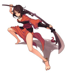 Rule 34 | 1girl, anklet, bare legs, barefoot, bell, braid, brown hair, feet, fighting stance, fkey, full body, guan dao, guandao, highres, japanese clothes, jewelry, kimono, naginata, nail polish, original, polearm, ponytail, red eyes, simple background, single braid, solo, tattoo, toenail polish, toenails, weapon, white background