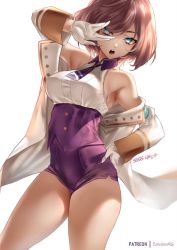 Rule 34 | 1girl, armpits, bare shoulders, blue eyes, breasts, brown hair, buttons, gloves, gridman universe, highres, jacket, large breasts, leotard, light brown hair, long sleeves, looking at viewer, military jacket, mujina, necktie, off shoulder, open clothes, open jacket, open mouth, purple leotard, short hair, solo, ssss.dynazenon, thighs, underbust, white gloves, white jacket, zasshu
