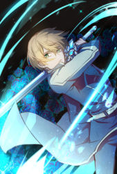 Rule 34 | 1boy, belt, blonde hair, blue flower, blue jacket, blue pants, blue rose, blue rose sword, closed mouth, collared jacket, commentary request, eugeo, flower, green eyes, hair between eyes, holding, holding sword, holding weapon, jacket, long sleeves, looking at viewer, male focus, pants, rose, short hair, solo, soroa, sword, sword art online, sword art online: alicization, weapon, white belt