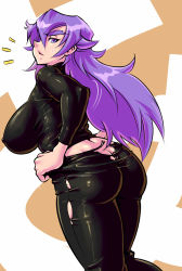 Rule 34 | 1girl, ass, back, bad id, bad pixiv id, breasts, butt crack, covered erect nipples, from behind, huge breasts, large breasts, long hair, looking back, mikoyan, muchigaku, omori-san, original, pants, plump, purple eyes, purple hair, skin tight, solo, sweatdrop, tight clothes, tight pants, torn clothes, torn pants, undersized clothes