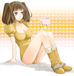 Rule 34 | 10s, 1girl, anger vein, animal, boots, breasts, brown hair, cleavage, diane (nanatsu no taizai), dress, giant, giantess, gradient background, grey eyes, hawk (nanatsu no taizai), heart, heart background, large breasts, leotard, long hair, mizss, nanatsu no taizai, orange dress, orange skirt, pig, sitting, size difference, skirt, solo, twintails, white background