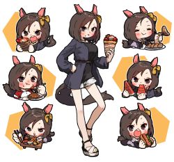 Rule 34 | 1girl, = =, air groove (umamusume), amonitto, animal ears, belt, black shirt, blue jacket, blush, breasts, brown eyes, brown hair, chibi, chopsticks, crepe, curry, food, fruit, highres, holding, holding chopsticks, holding food, holding spoon, horse ears, horse girl, horse tail, hot dog, jacket, jewelry, medium breasts, multiple views, necklace, open clothes, open jacket, open mouth, plate, platform footwear, platform heels, rice, sailor collar, school uniform, shirt, short hair, shorts, spoon, sushi, sweat, tail, tracen school uniform, umamusume, v-shaped eyebrows, watermelon, white shorts