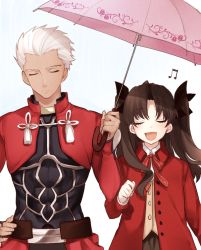 Rule 34 | 1boy, 1girl, archer (fate), bad id, bad twitter id, brown hair, dark skin, dark-skinned male, closed eyes, fate/stay night, fate (series), hair ribbon, hand on own hip, holding, holding umbrella, ichinose yukino, long hair, musical note, open mouth, ribbon, short hair, tohsaka rin, two side up, umbrella, white hair