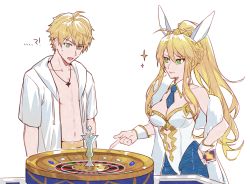 Rule 34 | 1boy, 1girl, animal ears, arthur pendragon (fate), arthur pendragon (hero on the beach) (fate), artoria pendragon (fate), artoria pendragon (lancer) (fate), bare pectorals, blonde hair, csyday, dual persona, fake animal ears, fate/grand order, fate/prototype, fate (series), feather boa, green eyes, hood, hoodie, leotard, long hair, pantyhose, pectorals, playboy bunny, ponytail, rabbit ears, roulette table, short sleeves, table