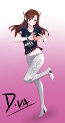Rule 34 | 1girl, absurdres, alternate costume, animal print, blush, brown eyes, brown hair, casual, character name, collarbone, d.va (overwatch), eyebrows, facial mark, full body, gradient background, grey pants, headgear, headphones, heart, heart hands, highres, long hair, looking at viewer, midriff peek, overwatch, overwatch 1, pants, rabbit print, shirt, smile, solo, t-shirt, tareme, tight clothes, tight pants, whisker markings, wing (wingxx01w), wristband