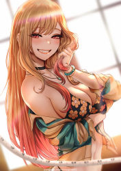 Rule 34 | 1girl, :d, artist name, bikini, black bikini, black choker, blonde hair, blurry, blurry foreground, bracelet, breast hold, breasts, choker, cleavage, clenched teeth, collarbone, commentary request, eyelashes, floral print, forehead, hair over shoulder, half-closed eyes, highres, holding, indoors, jewelry, kitagawa marin, large breasts, lips, long hair, looking at viewer, magion02, multicolored hair, navel, necklace, off shoulder, open clothes, open mouth, open shirt, parted bangs, patreon username, pearl bracelet, print bikini, red eyes, red hair, smile, solo, sono bisque doll wa koi wo suru, streaked hair, swimsuit, tape measure, teeth, two-tone hair, window