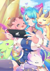 Rule 34 | 1girl, absurdres, blue hair, blue sky, breasts, cloud, dragalia lost, dragon girl, dragon horns, dragon tail, grass, hair between eyes, handheld game console, highres, holding, holding handheld game console, horns, jupiter (dragalia lost), kishgull, large breasts, long hair, long sleeves, mercury (dragalia lost), midgardsormr (dragalia lost), multicolored hair, mym (dragalia lost), nintendo switch, open mouth, outdoors, pink hair, playing games, shirt, sitting, sky, tail, thighhighs, thighs, zodiark (dragalia lost)
