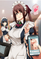 Rule 34 | 2girls, apron, arekishi raiho, arm under breasts, black hair, blurry, blurry background, blush, brooch, brown eyes, brown hair, bucket, closed mouth, female pubic hair, grey eyes, hair ribbon, head out of frame, heart, high ponytail, highres, holding, holding bucket, holding phone, indoors, jewelry, maid, maid apron, maid headdress, multiple girls, navel, nipples, nude, one eye closed, original, phone, pubic hair, red neckwear, ribbon, selfie, short hair, sidelocks, smile, towel, w, white towel