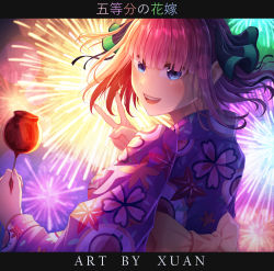 Rule 34 | 1girl, :d, absurdres, black ribbon, blue eyes, blunt bangs, blush, butterfly hair ornament, candy apple, fireworks, floral print, food, from behind, furisode, go-toubun no hanayome, hair ornament, highres, japanese clothes, kimono, looking at viewer, looking back, nakano nino, new year, obi, open mouth, pink hair, ribbon, sash, smile, twintails, v, x.u.a.n