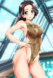 Rule 34 | 1girl, back cutout, black hair, blue eyes, breasts, brown one-piece swimsuit, chi-hatan (emblem), closed mouth, clothing cutout, commentary, competition swimsuit, covered navel, cowboy shot, dated, emblem, covered erect nipples, girls und panzer, goggles, goggles around neck, groin, hamada kiyo, hands on own hips, highleg, highres, indoors, looking at viewer, medium breasts, medium hair, one-piece swimsuit, ponytail, pool, rei no pool, skindentation, smile, solo, sparkle, standing, swimsuit, tomokoji, twitter username, wet
