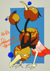 Rule 34 | absurdres, beak hold, black eyes, blue background, border, bright pupils, brown feathers, cerberus, character name, copyright name, creatures (company), dart, dodrio, feathers, game freak, gen 1 pokemon, highres, luckycl2019, mouth hold, multiple heads, nintendo, no humans, pokemon, pokemon (creature), talons, twitter username, white border, white pupils
