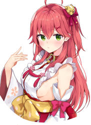 Rule 34 | 1girl, absurdres, ahoge, bare shoulders, bell, blush, bow, breasts, closed mouth, commentary request, cropped torso, detached sleeves, green eyes, hair bell, hair between eyes, hair bow, hair ornament, hairclip, hand up, highres, hololive, japanese clothes, jingle bell, kimono, long hair, long sleeves, looking at viewer, medium breasts, obi, one side up, pink bow, racchi., red bow, red hair, sakura miko, sakura miko (1st costume), sash, sideboob, simple background, sleeveless, sleeveless kimono, solo, upper body, very long hair, virtual youtuber, white background, white kimono, white sleeves, wide sleeves, x hair ornament, yellow bow