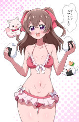 1girl 2others bikini blush breasts brown_hair delicious_party_precure eggman_(ni_tamagoex) fairy food fox hair_ribbon holding holding_food kome-kome_(precure) long_hair midriff multiple_others nagomi_yui navel one_eye_closed onigiri open_mouth precure purple_eyes recipipi red_bikini red_ribbon ribbon rice_ball_recipipi small_breasts smile swimsuit two_side_up