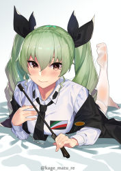 Rule 34 | 1girl, anchovy (girls und panzer), anzio school uniform, black neckwear, blush, brown eyes, drill hair, girls und panzer, green eyes, green hair, hair between eyes, highres, kagematsuri, looking at viewer, lying, off shoulder, on stomach, pantyhose, riding crop, school uniform, smile, solo, the pose, twin drills, twintails, twitter username, white background