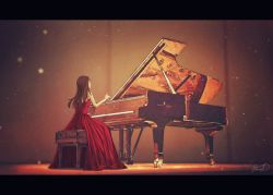 Rule 34 | 1girl, bare shoulders, black hair, blurry, bokeh, depth of field, dress, facing away, grand piano, highres, indoors, instrument, letterboxed, long hair, music, original, piano, playing instrument, red dress, signature, sitting, sleeveless, sleeveless dress, solo, steinway &amp; sons, yomochi (y0m0chi)