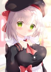 Rule 34 | 1girl, :o, beret, black hat, black shirt, blurry, blurry background, blush, bow, braid, breasts, commentary request, depth of field, genshin impact, green eyes, hand up, hat, large breasts, long sleeves, medium breasts, noelle (genshin impact), noelle (kfc) (genshin impact), parted lips, pleated skirt, red bow, renew vivi, shirt, silver hair, skirt, sleeves past wrists, solo, white skirt