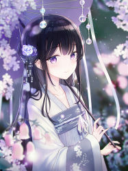 Rule 34 | 1girl, black hair, blurry, blurry background, blurry foreground, blush, chinese clothes, closed mouth, collarbone, commentary request, depth of field, flower, hair flower, hair ornament, hanfu, highres, holding, holding umbrella, iren lovel, long hair, long sleeves, looking at viewer, oil-paper umbrella, original, purple eyes, purple flower, purple umbrella, revision, rose, sleeves past wrists, smile, solo, umbrella, very long hair, white flower, white rose, wide sleeves