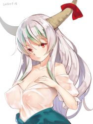 Rule 34 | 10s, 1girl, 2016, bare shoulders, blush, breasts, cleavage, collarbone, covered erect nipples, dated, ex-keine, gradient hair, green hair, hands on own chest, head tilt, horn ornament, horn ribbon, horns, kamishirasawa keine, kasa jizou, large breasts, long hair, looking at viewer, multicolored hair, nipples, no bra, off shoulder, parted lips, red eyes, red ribbon, ribbon, see-through, shirt, silver hair, simple background, solo, sweat, touhou, upper body, wet, wet clothes, wet shirt, white background, white shirt