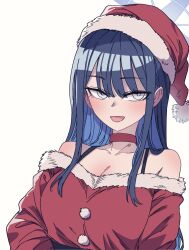 1girl absurdres alternate_costume anygatsby black_hair blue_archive blue_hair blush breasts choker cleavage colored_inner_hair halo hat highres large_breasts long_hair multicolored_hair off_shoulder red_choker santa_costume santa_hat saori_(blue_archive) simple_background smile solo straight_hair two-tone_hair upper_body very_long_hair white_background