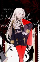 Rule 34 | 1girl, ascot, axe, bad id, bad pixiv id, black background, cape, character name, edelgard von hresvelg, fire emblem, fire emblem: three houses, garreg mach monastery uniform, gloves, hair ribbon, hand on own hip, highres, holding, holding weapon, k (sktchblg), long hair, long sleeves, looking away, nintendo, pantyhose, purple eyes, red cape, red pantyhose, ribbon, solo, uniform, weapon, white gloves