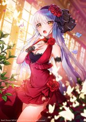 Rule 34 | 1girl, apple caramel, bang dream!, bare shoulders, black ribbon, blush, breasts, bug, butterfly, choker, cleavage, copyright name, covered navel, cowboy shot, dress, flower, hair ornament, hair ribbon, halter dress, halterneck, hand up, highres, indoors, insect, jewelry, lace, lace-trimmed choker, lace-trimmed dress, lace trim, light particles, light purple hair, long hair, looking at viewer, minato yukina, open mouth, red dress, ribbon, rose, solo, sparkle, sunset, thighs, walking, watermark, window, yellow eyes