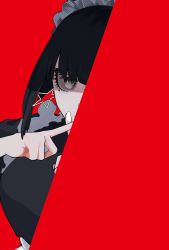 Rule 34 | 1girl, black hair, blunt bangs, commentary, dutch angle, earrings, facial mark, grey eyes, halftone, hands up, highres, identity (vocaloid), jewelry, kami chiki, limited palette, looking at viewer, maid, maid headdress, red theme, short hair, solo, star (symbol), star earrings, star facial mark, upper body, vocaloid, x fingers