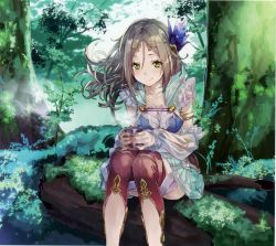 Rule 34 | 1girl, absurdres, atelier (series), atelier firis, boots, brown hair, cup, firis mistlud, gloves, green eyes, hair ornament, highres, huge filesize, long hair, nature, noco (adamas), official art, outdoors, scan, sitting, skirt, smile, solo, steam, thighhighs, yuugen