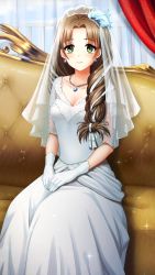 Rule 34 | 1girl, breasts, bridal veil, brown hair, cleavage, closed mouth, collarbone, doukyuusei 2, doukyuusei another world, dress, earrings, game cg, gloves, green eyes, hair intakes, hair over shoulder, hair ribbon, jewelry, long dress, long hair, looking at viewer, medium breasts, official art, pendant, ribbon, sitting, smile, solo, sugimoto sakurako, veil, very long hair, wedding dress, white dress, white gloves, white ribbon