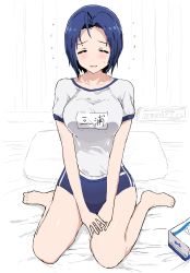 Rule 34 | 1girl, = =, absurdres, ahoge, bare legs, barefoot, bed sheet, blue hair, blush, breasts, buruma, flying sweatdrops, forehead, full body, gym uniform, hands on own thighs, highres, hitodama (madatohi), idolmaster, idolmaster (classic), indoors, kneeling, large breasts, miura azusa, name tag, own hands together, pillow, short hair, short sleeves, sitting, sketch, solo, swimsuit, tissue box, wariza