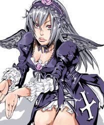 Rule 34 | 00s, 1girl, breasts, cleavage, dress, flower, frilled sleeves, frills, gothic lolita, hairband, lips, lolita fashion, long hair, puffy sleeves, purple eyes, rose, rozen maiden, silver hair, skirt, solo, suigintou, wings