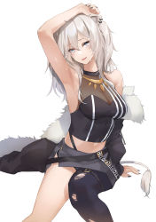 Rule 34 | 1girl, :d, absurdres, animal ears, arm up, armpits, bare shoulders, black pantyhose, black shirt, breasts, cleavage, commentary request, crop top, fang, feet out of frame, fur trim, grey eyes, grey skirt, hair between eyes, head tilt, highres, hololive, ina (inadiary), jewelry, lion ears, lion tail, long hair, looking at viewer, medium breasts, midriff, miniskirt, navel, necklace, open mouth, pantyhose, see-through, see-through cleavage, shirt, shishiro botan, shishiro botan (1st costume), silver hair, simple background, single leg pantyhose, sitting, skirt, sleeveless, sleeveless shirt, smile, solo, tail, virtual youtuber, white background