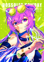 Rule 34 | 1girl, animal ears, arknights, arm strap, bare shoulders, bikini, black bikini, choker, commentary request, eyewear on head, green background, highres, lin (arknights), long hair, looking at viewer, mouse ears, official alternate costume, peppsi (saba sabasuk0), purple choker, purple eyes, purple hair, solo, sticker on face, sunglasses, swimsuit, upper body