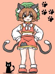 Rule 34 | 1girl, :d, animal ear fluff, animal ear piercing, animal ears, black cat, blush stickers, bobby socks, bow, bowtie, brown eyes, brown hair, cat, cat ears, cat tail, chen, commentary request, earrings, fang, full body, fumomono, green hat, hands on own hips, hat, highres, jewelry, long sleeves, midriff, mob cap, multiple tails, navel, nekomata, open mouth, petite, petticoat, pink background, puffy long sleeves, puffy sleeves, red skirt, red vest, short hair, simple background, single earring, skirt, skirt set, smile, smug, socks, solo, tail, touhou, two tails, v-shaped eyebrows, vest, white bow, white bowtie