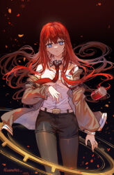 Rule 34 | 1girl, artist name, belt, black background, black pantyhose, black shorts, blue eyes, breasts, brown jacket, can, collared shirt, dr pepper, drink can, gradient background, highres, jacket, lixiang guo alice, long hair, long sleeves, looking at viewer, makise kurisu, medium breasts, necktie, open clothes, open jacket, pantyhose, pantyhose under shorts, parted lips, petals, red hair, red necktie, shirt, short shorts, shorts, soda can, solo, standing, steins;gate, very long hair, white shirt