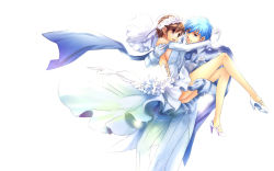 Rule 34 | 1boy, 1girl, bad id, bad pixiv id, blue eyes, blue hair, blue scarf, breasts, bride, brown eyes, brown hair, carrying, detached sleeves, dress, elbow gloves, gloves, high heels, kaito (vocaloid), kawagoe pochi, meiko (vocaloid), midriff, princess carry, scarf, shoes, sideboob, smile, vocaloid, wedding dress