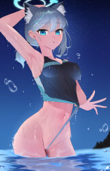 Rule 34 | 1girl, absurdres, animal ear fluff, animal ears, arm up, armpits, asymmetrical hair, blue archive, blue eyes, blue one-piece swimsuit, breasts, bubble, clothes pull, contrapposto, cowboy shot, ear piercing, frontal wedgie, grey hair, hair between eyes, hair ornament, halo, hand on own head, highres, korean commentary, looking at viewer, medium breasts, navel, night, night sky, official alternate costume, one-piece swimsuit, one-piece swimsuit pull, outdoors, parted lips, partially visible vulva, piercing, shiroko (blue archive), shiroko (swimsuit) (blue archive), shirt, short ponytail, sky, solo, standing, star (sky), starry sky, stomach, swimsuit, wading, water, wedgie, wet, wet clothes, wet shirt, wolf ears, x hair ornament, yzr (yzr99)