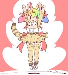 Rule 34 | 1girl, animal ears, arms up, belt, bow, bowtie, cat ears, cat girl, cat tail, coroha, extra ears, full body, jumping, kemono friends, kemono friends v project, large-spotted genet (kemono friends), long hair, looking at viewer, multicolored hair, rainbow hair, red background, ribbon, shirt, shoes, simple background, skirt, solo, suspenders, tail, thighhighs, twintails, virtual youtuber