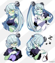 Rule 34 | 1girl, apron, arm up, black dress, black shirt, blue hair, blush, braid, closed mouth, colored skin, cup, donuttypd, dress, dropping, expressions, falling, glasses, green skin, highres, liquid, long hair, looking at viewer, maid, maid apron, object through head, open mouth, original, ponytail, puffy short sleeves, puffy sleeves, round eyewear, sailor collar, scared, school uniform, screw, screw in head, shirt, short sleeves, sleeping, smile, sports bra, stitched arm, stitched face, stitches, sweatdrop, sylvie (donuttypd), white apron, yellow eyes, zzz