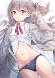 Rule 34 | 1girl, :o, blue panties, blush, commentary request, cowboy shot, from above, grey hair, hair ornament, hair ribbon, highres, long hair, long sleeves, looking at viewer, lying, namikishiho, navel, neck ribbon, on back, open clothes, original, panties, parted lips, polka dot, polka dot panties, red ribbon, ribbon, school uniform, shirt, sleeves past wrists, solo, stomach, underwear, white shirt