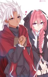 Rule 34 | 2boys, amakusa shirou (fate), astolfo (fate), black legwear, book, bow, braid, brown eyes, cape, cassock, cross, cross necklace, dark-skinned male, dark skin, earrings, fang, fate/apocrypha, fate (series), frilled sleeves, frills, garter straps, habit, hair bow, hair ribbon, jewelry, long hair, looking at another, male focus, multiple boys, necklace, nun, own hands together, pink hair, purple eyes, ribbon, shisei (kyuushoku banchou), single braid, smile, spiked hair, stole, thighhighs, trap, twitter username, white hair, wide sleeves