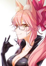 Rule 34 | 1girl, absurdres, animal ear fluff, animal ears, black bodysuit, bodysuit, bow, breasts, choker, cleavage, fate/grand order, fate (series), fox ears, fox girl, fox shadow puppet, glasses, hair between eyes, hair bow, highres, koyanskaya (assassin) (first ascension) (fate), koyanskaya (fate), large breasts, long hair, looking at viewer, nupy22, pink bow, pink hair, ponytail, sidelocks, smile, solo, tamamo (fate), yellow eyes