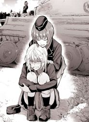 Rule 34 | 10s, 3girls, bonkara (sokuseki maou), chin rest, closed eyes, commentary request, crying, crying with eyes open, eyebrows, garrison cap, girls und panzer, grass, hand on another&#039;s shoulder, hat, unworn hat, head on head, head rest, unworn headwear, hugging own legs, itsumi erika, jacket, kneeling, military, military hat, military uniform, military vehicle, monochrome, motor vehicle, multiple girls, nishizumi maho, nishizumi miho, on ground, open mouth, pleated skirt, rock, shirt, skirt, smile, streaming tears, tank, tears, tree, uniform