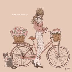 Rule 34 | 1girl, animal, bicycle, bicycle basket, black footwear, black ribbon, blouse, brown hair, casual, cat, commentary, english text, facing away, flower, flower basket, frilled shirt, frills, full body, grey cat, leaf, long hair, long sleeves, looking back, making-of available, muted color, original, pants, pink background, pink flower, pink ribbon, pink rose, pink shirt, pink theme, pink tulip, ponytail, ribbon, rose, shirt, simple background, sitting, standing, traditional media, tulip, turning head, two-tone shirt, wavy hair, white pants, yayoi (frp-y)