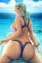 Rule 34 | 1girl, arm support, artist name, ass, bare arms, bare shoulders, bikini, blue eyes, blue sky, breasts, cloud, cloudy sky, commentary, day, from behind, green hair, hair ornament, lips, looking at viewer, looking back, mystra77, ocean, original, outdoors, parted lips, ponytail, shiny skin, simple background, sky, smile, surfboard, swimsuit, thighs, water, water drop, wet