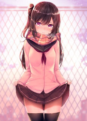 Rule 34 | 1girl, backlighting, black neckerchief, black skirt, black thighhighs, blue sky, blurry, blurry background, blush, brown eyes, brown hair, brown scarf, cardigan, chain-link fence, closed mouth, clothes lift, cloud, cloudy sky, commentary, cowboy shot, day, depth of field, fence, fringe trim, hair ornament, haruka natsuki, lifted by self, light frown, long hair, long sleeves, looking at viewer, miniskirt, neckerchief, one side up, original, outdoors, pink sweater, plaid, plaid scarf, pleated skirt, scarf, school uniform, serafuku, single horizontal stripe, skirt, skirt lift, sky, solo, standing, sweater, thighhighs, x hair ornament