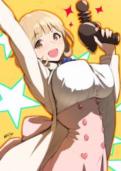 Rule 34 | 1girl, :d, artist name, blonde hair, blush, bob cut, breasts, brown eyes, cardigan, covered erect nipples, cowboy shot, finger on trigger, gun, high-waist skirt, highres, holding, holding gun, holding weapon, large breasts, looking at viewer, nanahime, narusawa ryouka, occultic;nine, open cardigan, open clothes, open mouth, pink skirt, short hair, signature, skirt, smile, solo, star (symbol), starry background, tareme, underbust, weapon