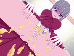 Rule 34 | 100kcal, 1girl, blue eyes, chindere ~osasagenasai nikubou o~, dress, from below, glaring, grin, hime cut, long hair, looking at viewer, looking down, peeing, peeing on viewer, pov, red dress, silver hair, smile, upskirt