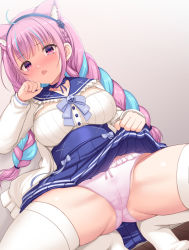 Rule 34 | 1girl, ahoge, akino hamo, animal ear fluff, animal ears, arm up, blue hair, blush, bow, bow panties, braid, breasts, cat ears, choker, clothes lift, collarbone, colored inner hair, crotch seam, eyebrows hidden by hair, hair ribbon, hairband, highres, hololive, lifted by self, long hair, long sleeves, looking at viewer, medium breasts, minato aqua, minato aqua (sailor), multicolored hair, no shoes, open mouth, panties, pink hair, pink panties, purple eyes, purple hair, ribbon, sailor collar, shirt tucked in, simple background, skirt, skirt lift, solo, spread legs, squatting, thighhighs, thighs, twintails, two-tone hair, underwear, virtual youtuber, white thighhighs