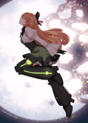 Rule 34 | 1girl, alternate hair length, alternate hairstyle, android, backlighting, boots, bow, corset, closed eyes, from side, full body, full moon, gloves, glowing, joints, long hair, moon, neon trim, orange hair, penny polendina, ribbon, robot joints, rwby, skirt, solo, spoilers, thigh boots, thighhighs, very long hair